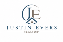Justin Evers Realtor logo with blue initials JE and house roof icon