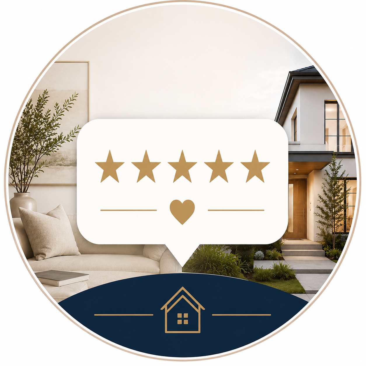 Luxury home interior and exterior with five-star rating icon and heart emblem