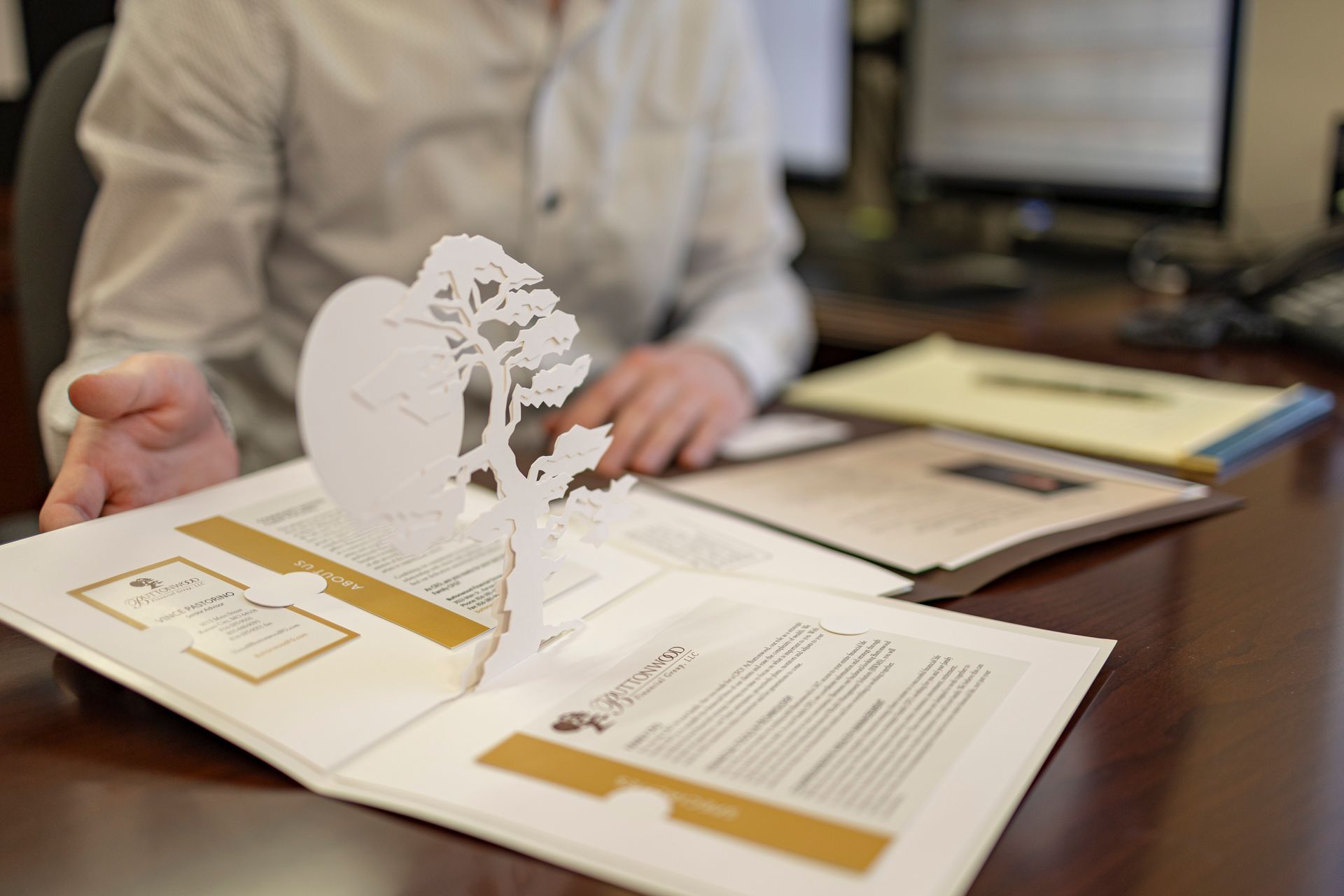 Open pop-up booklet on a desk with a person reviewing it, featuring a white paper tree cutout.