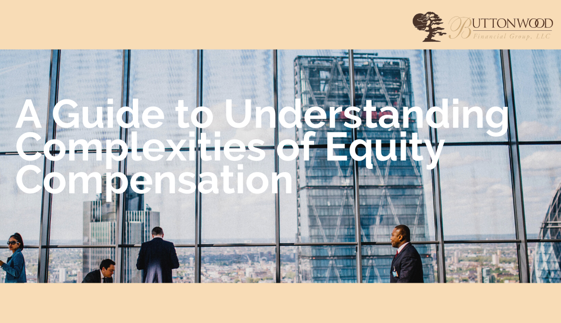 Business people in glass atrium beside title: “A Guide to Understanding Complexities of Equity Compensation”