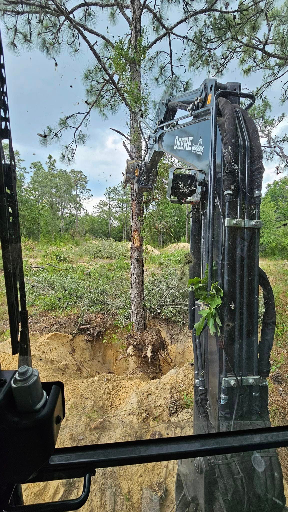 An excavator arm operates in a clearing, digging into the earth near a standing tree under a cloudy sky.
