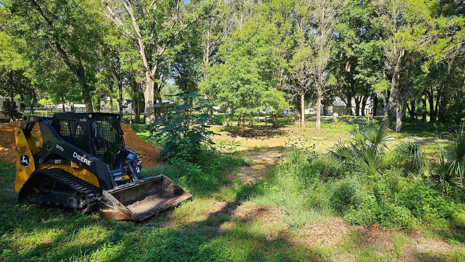 A yellow and black skid-steer loader parked on a patch of dirt and grass near a wooded area.