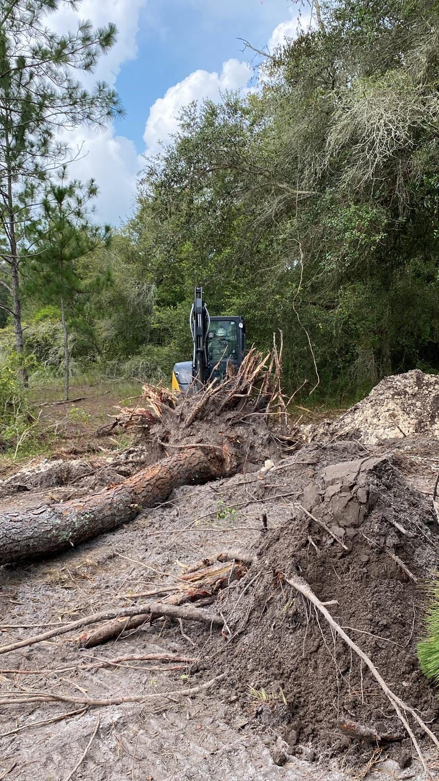 A yellow excavator works in a wooded area, moving a large, uprooted tree trunk and dirt in a cleared path.
