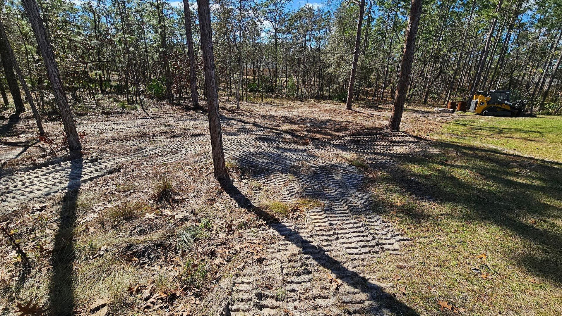 A wooded area with tire tracks on the ground leading toward a yellow piece of construction equipment in the distance.