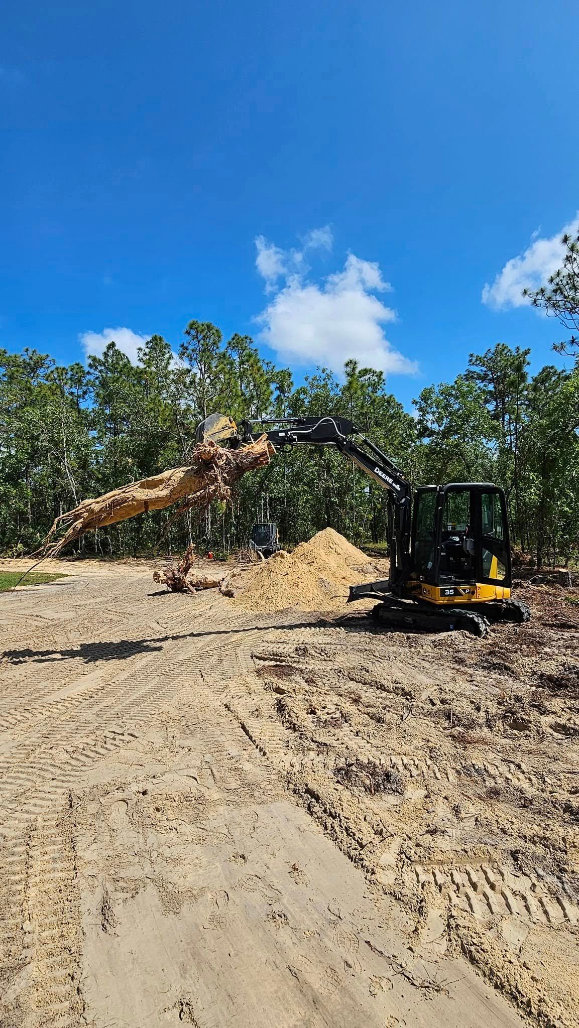 A yellow mini excavator lifts tree debris in a clearing under a bright blue sky.