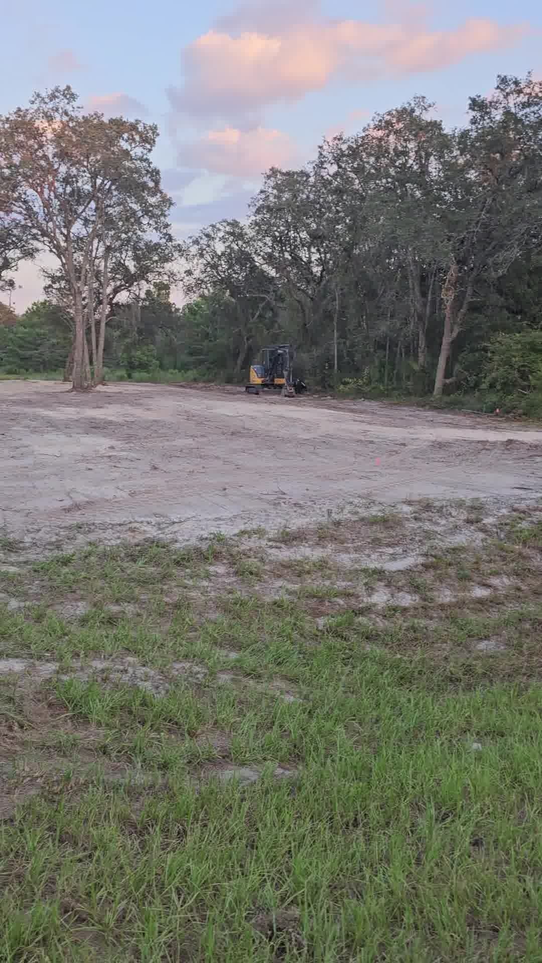 A piece of construction equipment clears a patch of sandy, cleared land surrounded by trees under a sunset sky.