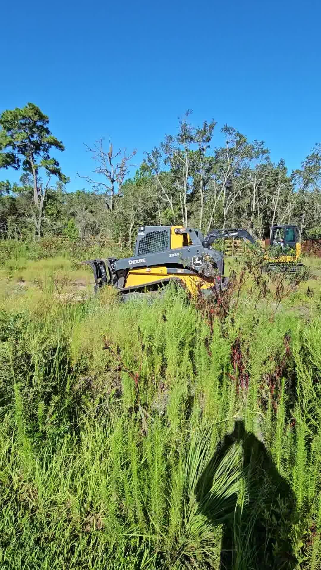 A yellow John Deere compact track loader clears brush in a grassy, wooded area under a clear blue sky.