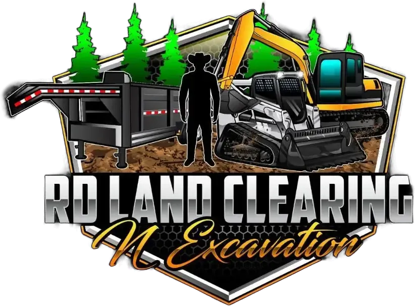 Logo for RD Land Clearing N Excavation featuring a trailer, construction machinery, and a cowboy silhouette over trees.