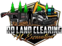 Logo for RD Land Clearing N Excavation featuring a trailer, construction machinery, and a cowboy silhouette over trees.