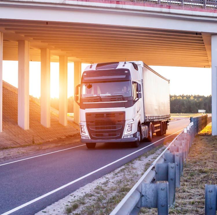 Semi-truck driving on a road under a bridge in the sunset.