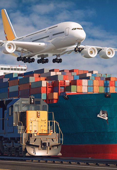 Airplane, cargo ship, train carrying freight; symbolizing global transportation and logistics.
