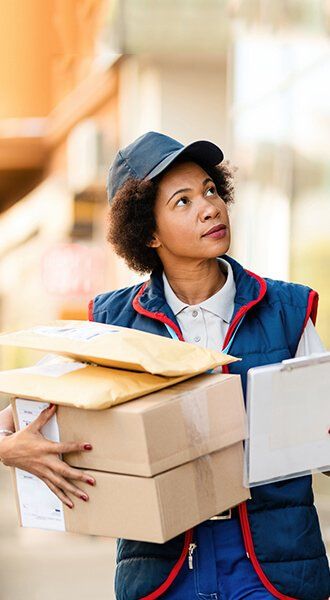 Delivery person in cap and vest holding packages, looking up.