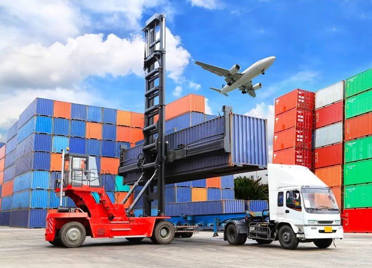 Forklift loading shipping container onto a truck, airplane flying overhead, containers stacked.