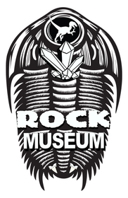 A black and white logo for the rock museum.