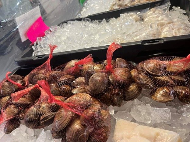 A bunch of clams in bags sitting on top of ice.