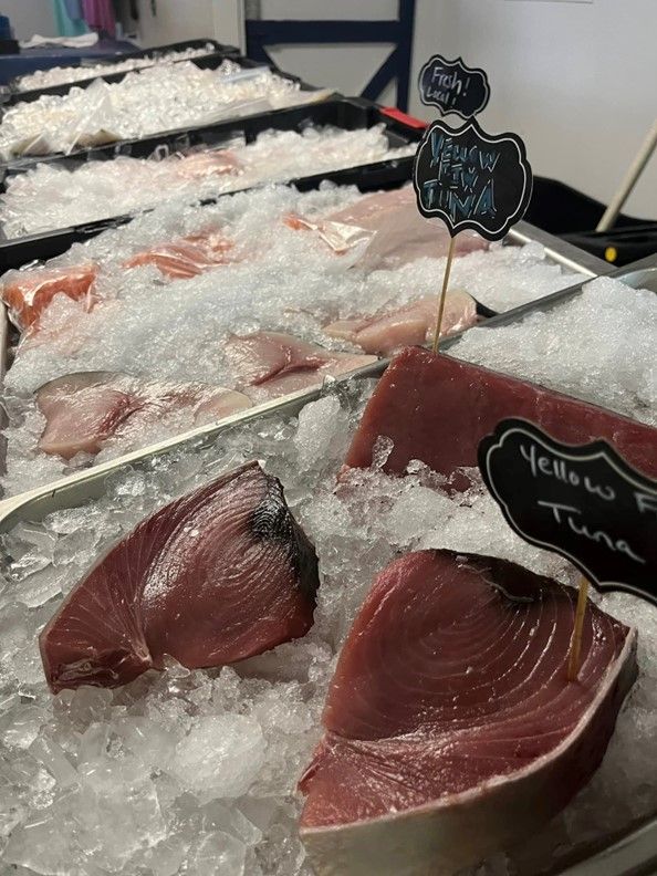 Two pieces of tuna are sitting on top of ice.