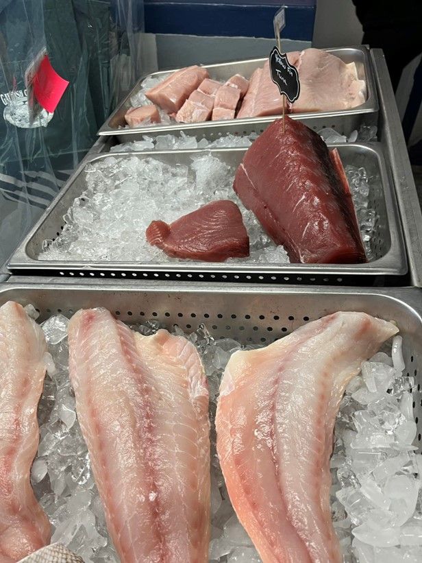Two trays of fish are sitting on top of ice.