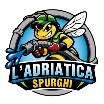 Un'ape stilizzata con indosso un'uniforme e un cappello verdi tiene in mano un tubo che spruzza acqua, all'interno del logo di L'ADRIATICA SPURGHI.