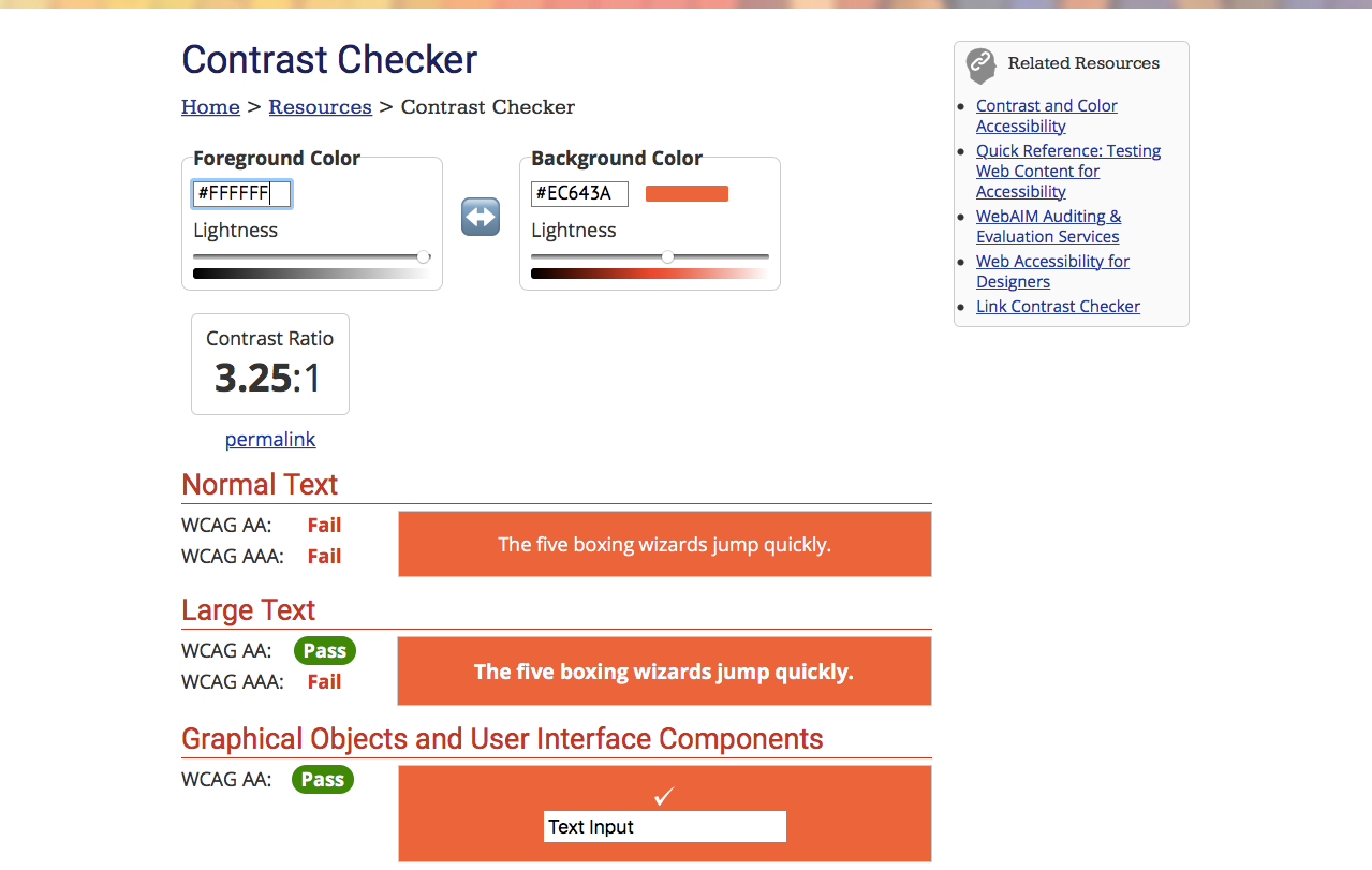 Contrast checker screenshot of The Thinking Cap's orange with white text