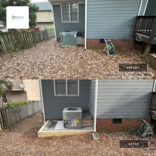 Before and after of a backyard, removing leaves and adding a concrete pad.