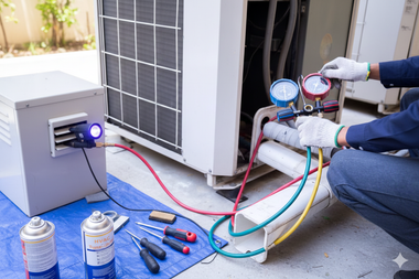 HVAC technician servicing an air conditioner outdoors, using gauges and tools.