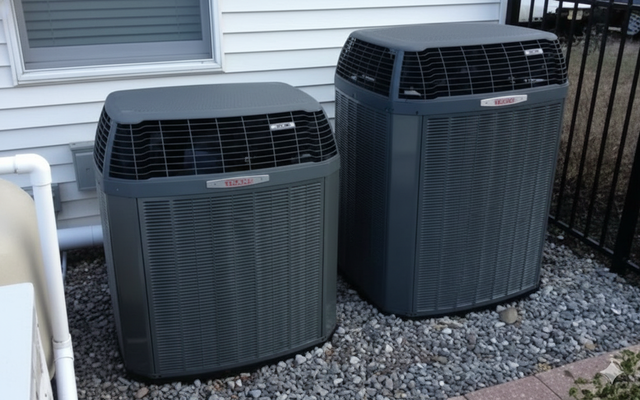 Two dark gray air conditioning units on a gravel bed next to a white house wall.