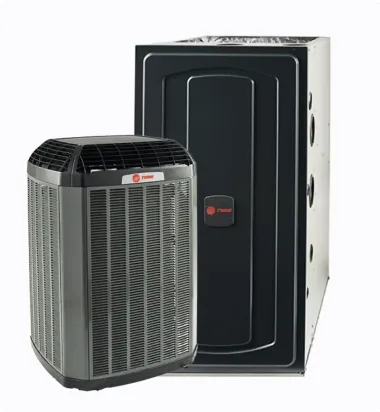 HVAC system: air conditioner unit (left) and furnace (right), both gray and black, against white.