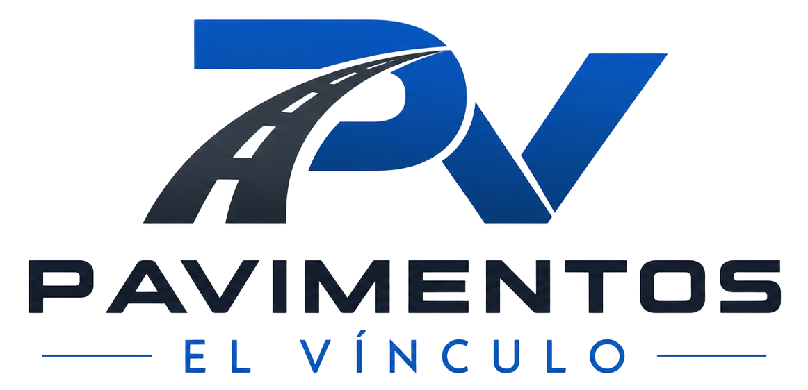 Logotipo de Pavimentos El Vínculo en azul y negro, con una carretera estilizada y el texto «PAVIMENTOS EL VÍNCULO»
