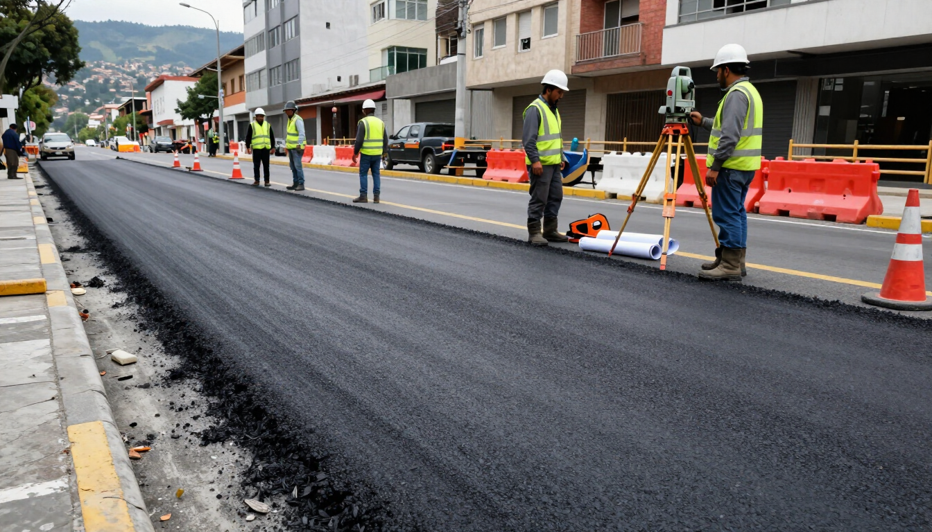 Un equipo de construcción vial asfaltando una calle con asfalto negro recién extendido y conos naranjas junto al bordillo