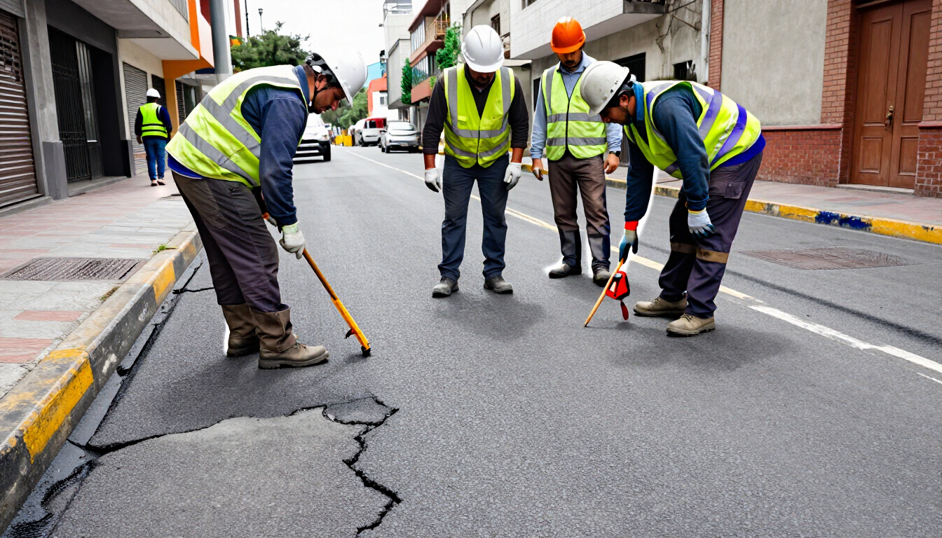 Trabajadores viales con chalecos reflectantes y cascos reparan el asfalto agrietado de una calle de la ciudad.