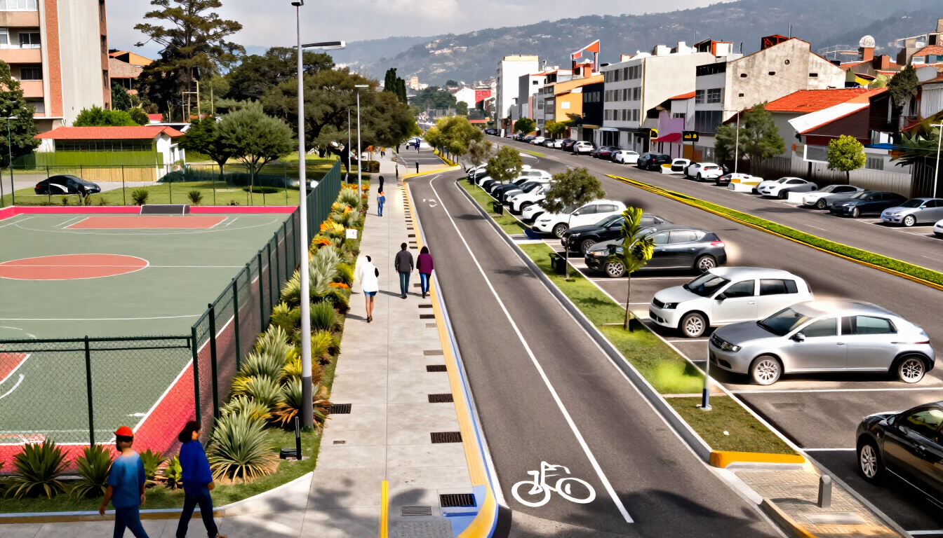 Calle con carril bici, peatones, coches aparcados y una pista deportiva junto a edificios de apartamentos.