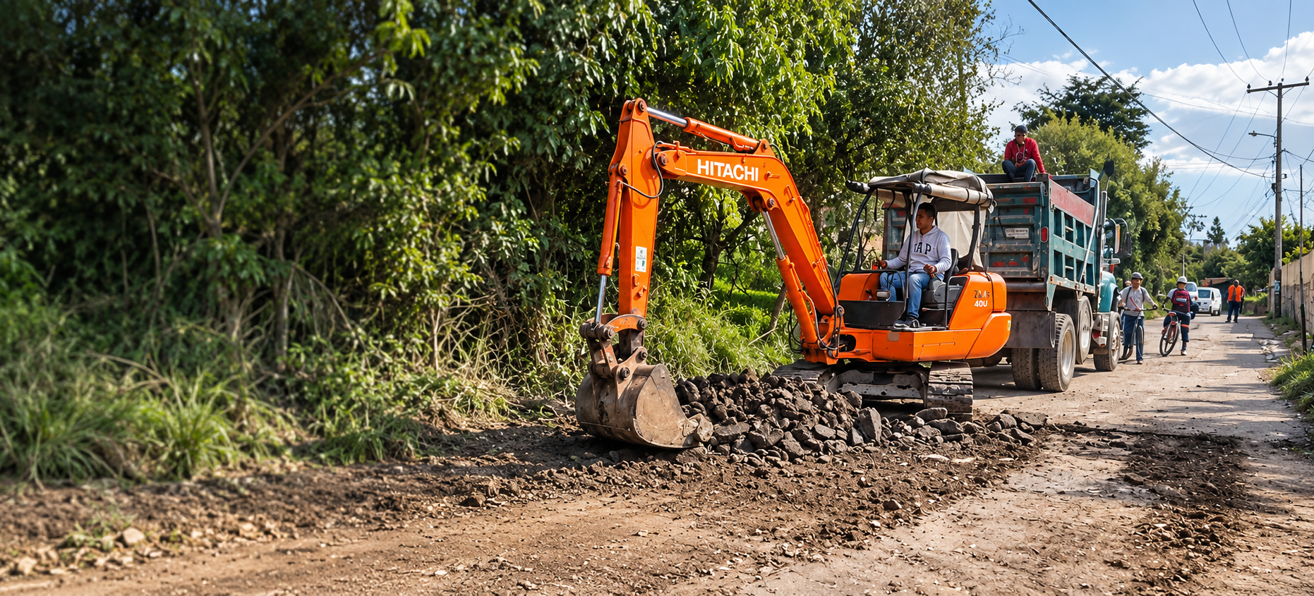 Excavadora naranja despejando un camino de tierra junto a unos árboles, con trabajadores a lo lejos