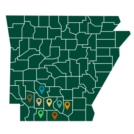 Arkansas county map in dark green with several colored location pins in the south-central area