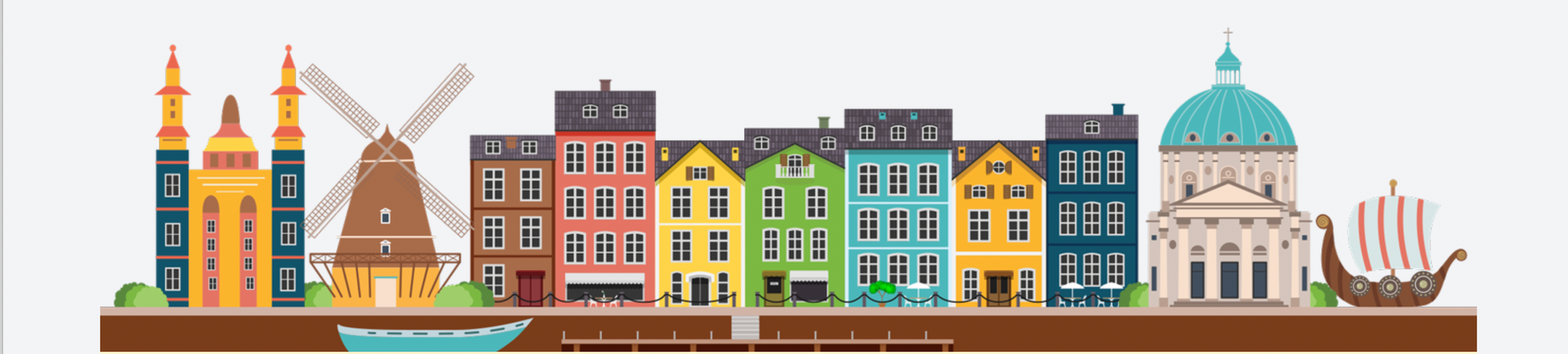 A cartoon illustration of a city skyline with buildings and a windmill.