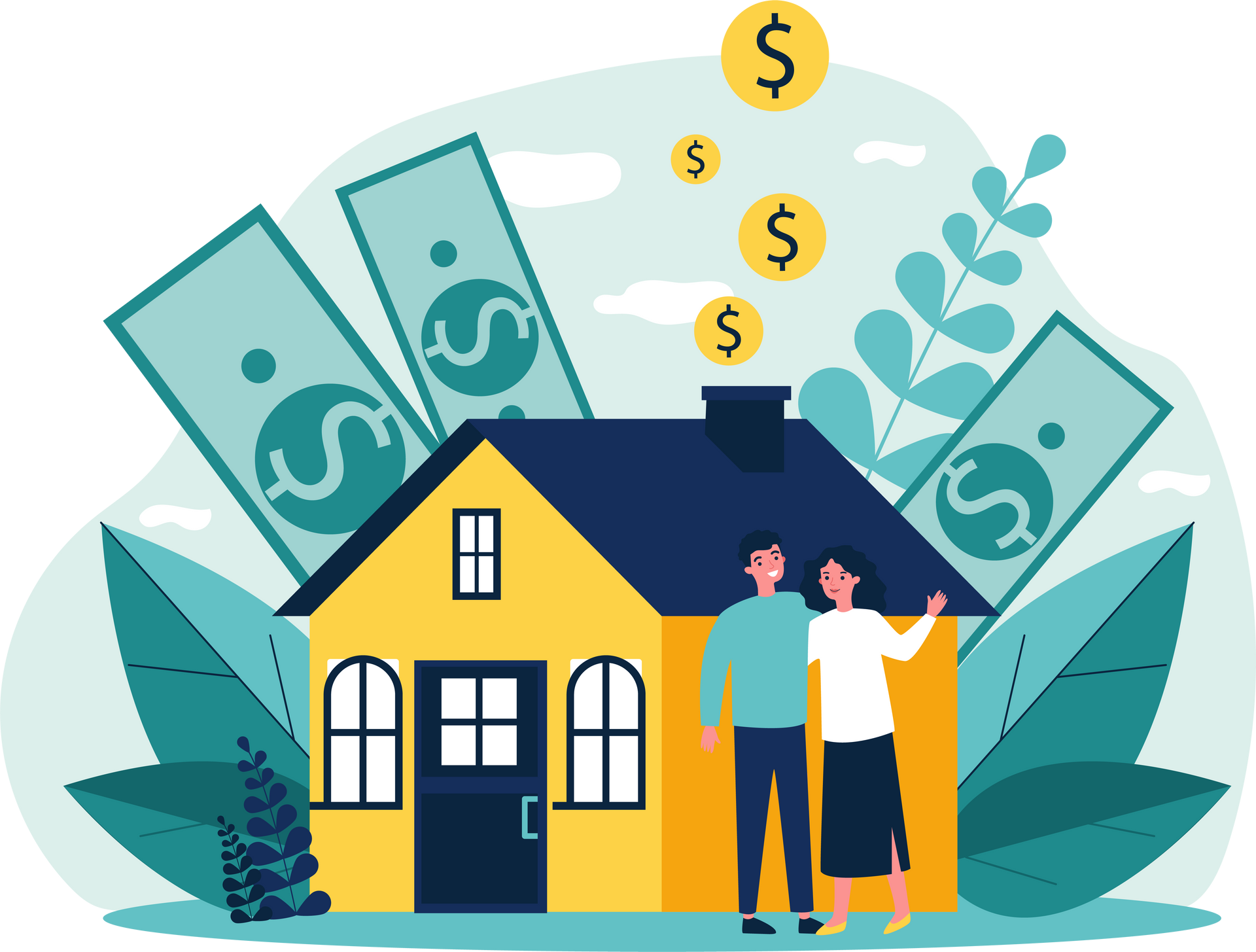 Couple with house - Salinas, CA - Gonzalez & Associates Insurance Services, Inc. Couple in front of house with money symbols. Bills and coins coming from the roof.