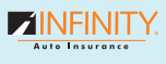 Infinity Auto Insurance logo: black square with white slash and orange text on a light blue background.