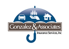 Logo for Gonzalez & Associates Insurance, featuring an umbrella over car, family, and house icons.