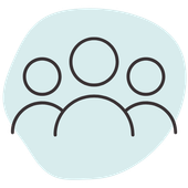 A group of people standing next to each other on a blue background.