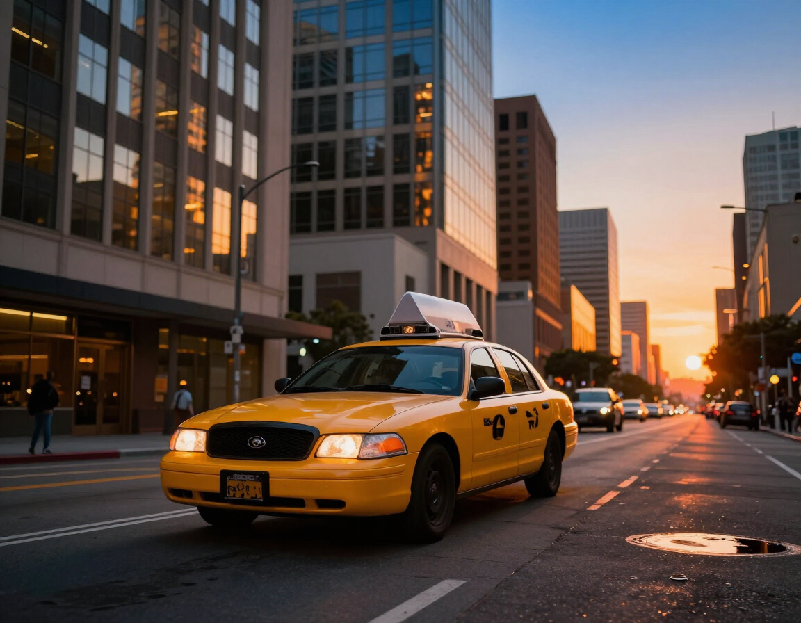 Yellow taxi driving through downtown Los Angeles at sunset.