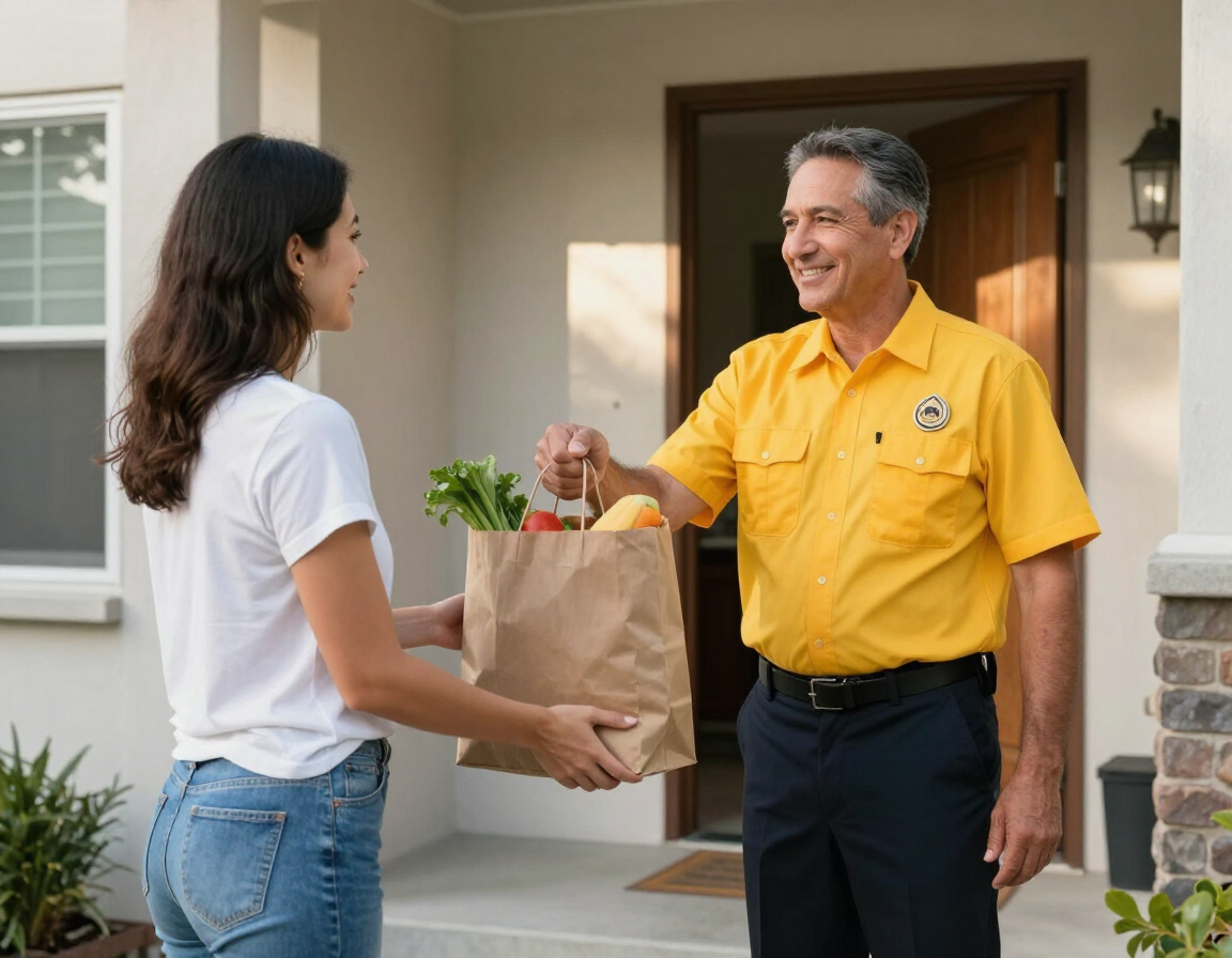Los Angeles taxi driver handing a grocery bag to a customer at the doorstep.