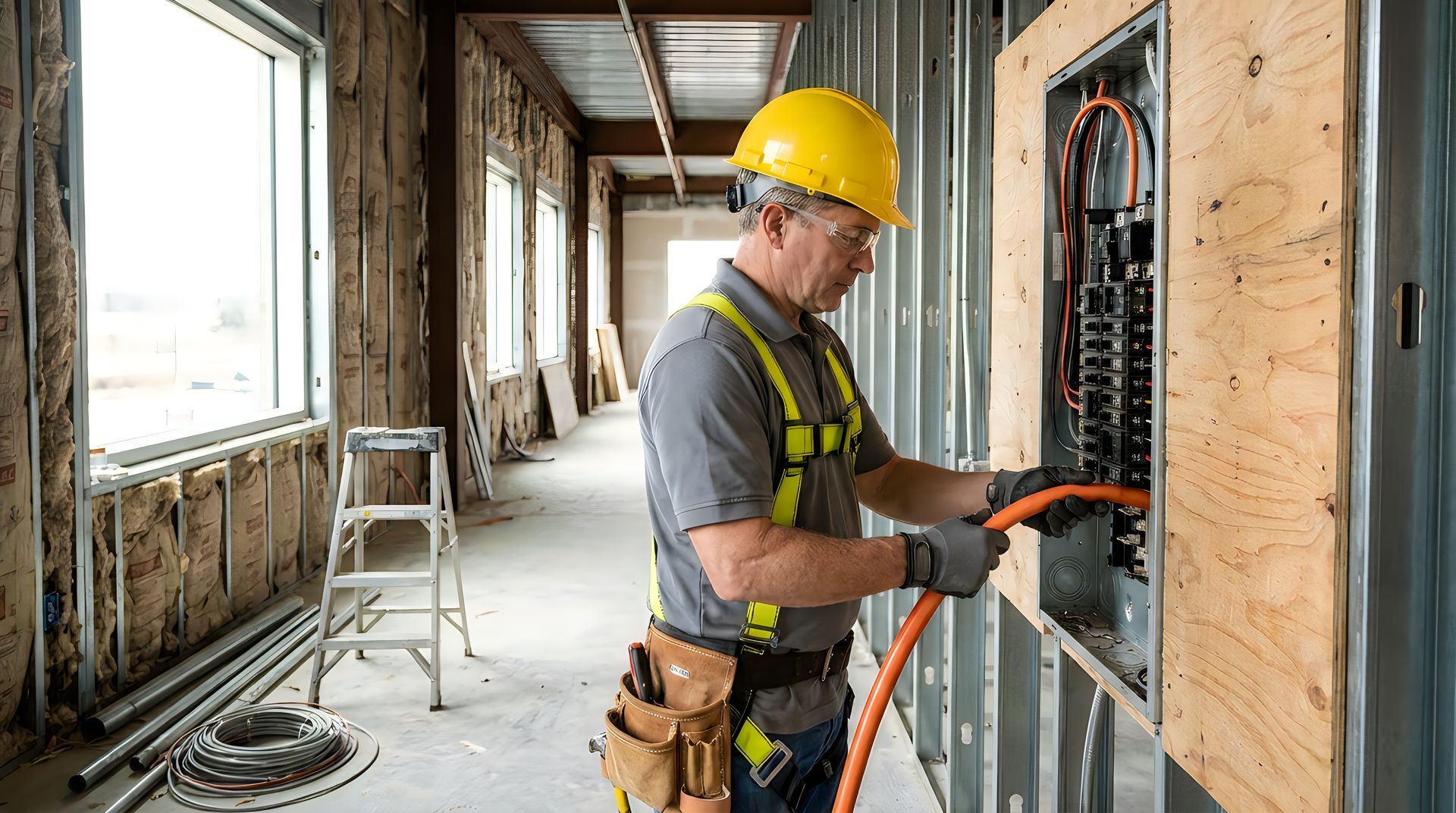 A commercial electrician wearing a hard hat and gloves wires an open panel in an unfinished space.