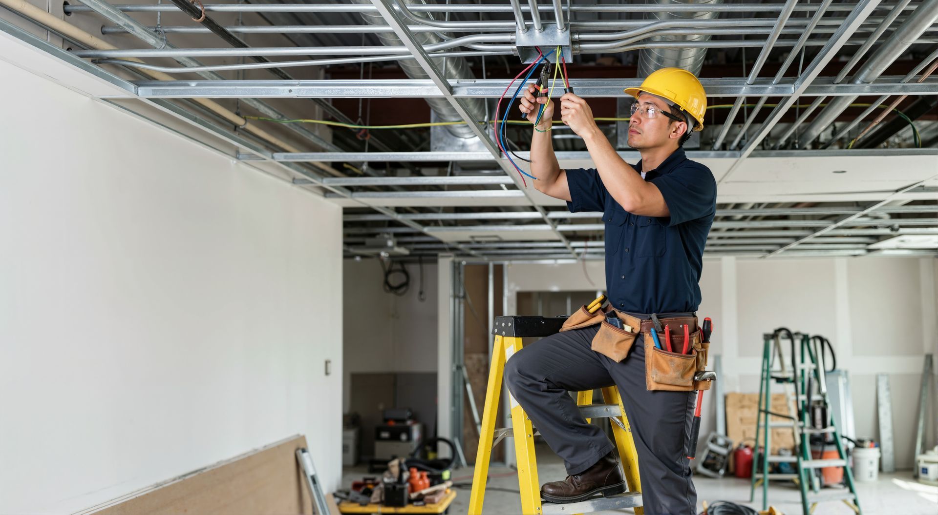Industrial worker testing electrical components inside an open control panel using a multimeter. Commercial electrician in a hard hat wiring up an exposed ceiling grid from a ladder on a job site.