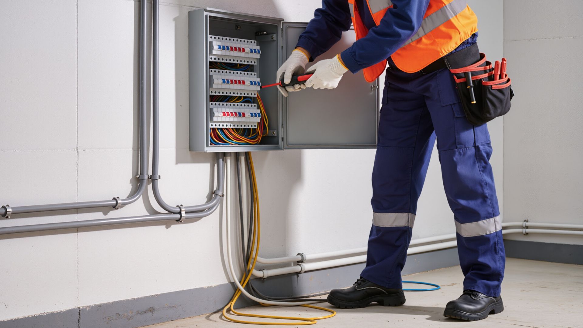 Commercial electrician inspecting and wiring an electrical panel in a commercial building.