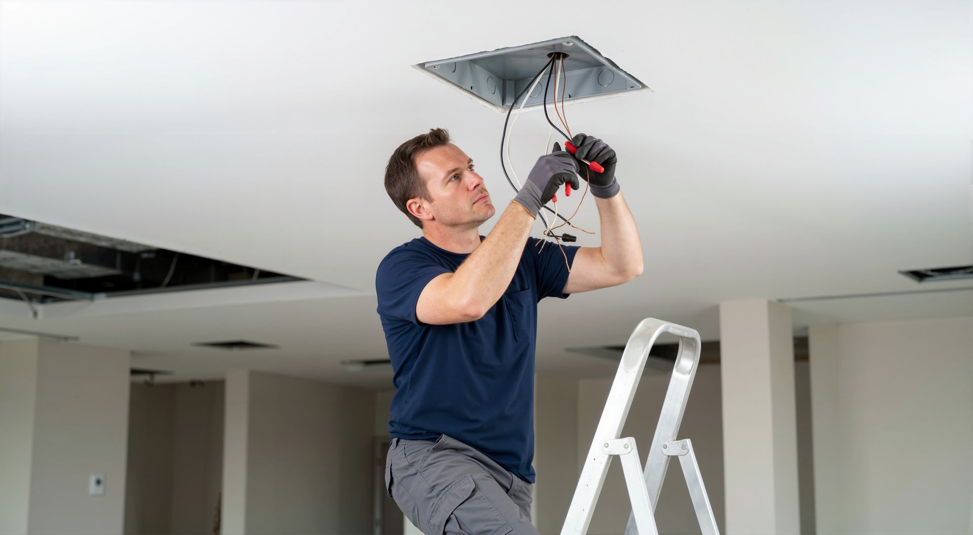Commercial electrician on a ladder wiring a ceiling junction box using insulated pliers and gloves.