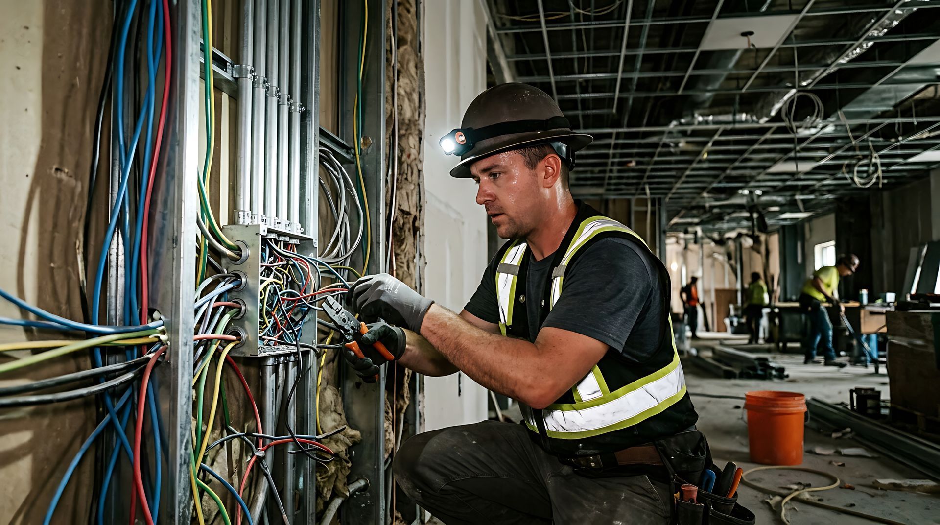 Professional residential electrical contractor repairing home wiring with specialized tools. A commercial electrician in a hard hat wires colorful cables in an electrical panel on a work site.