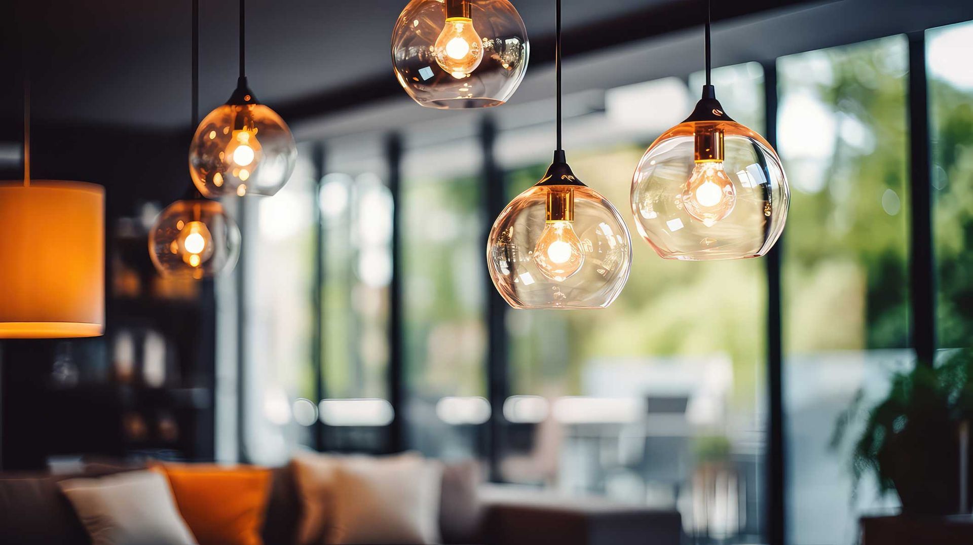 Warm hanging pendant lights in a modern café with large windows and a blurred seating area Warm hanging pendant lights in a modern café with large windows and a blurred seating area
