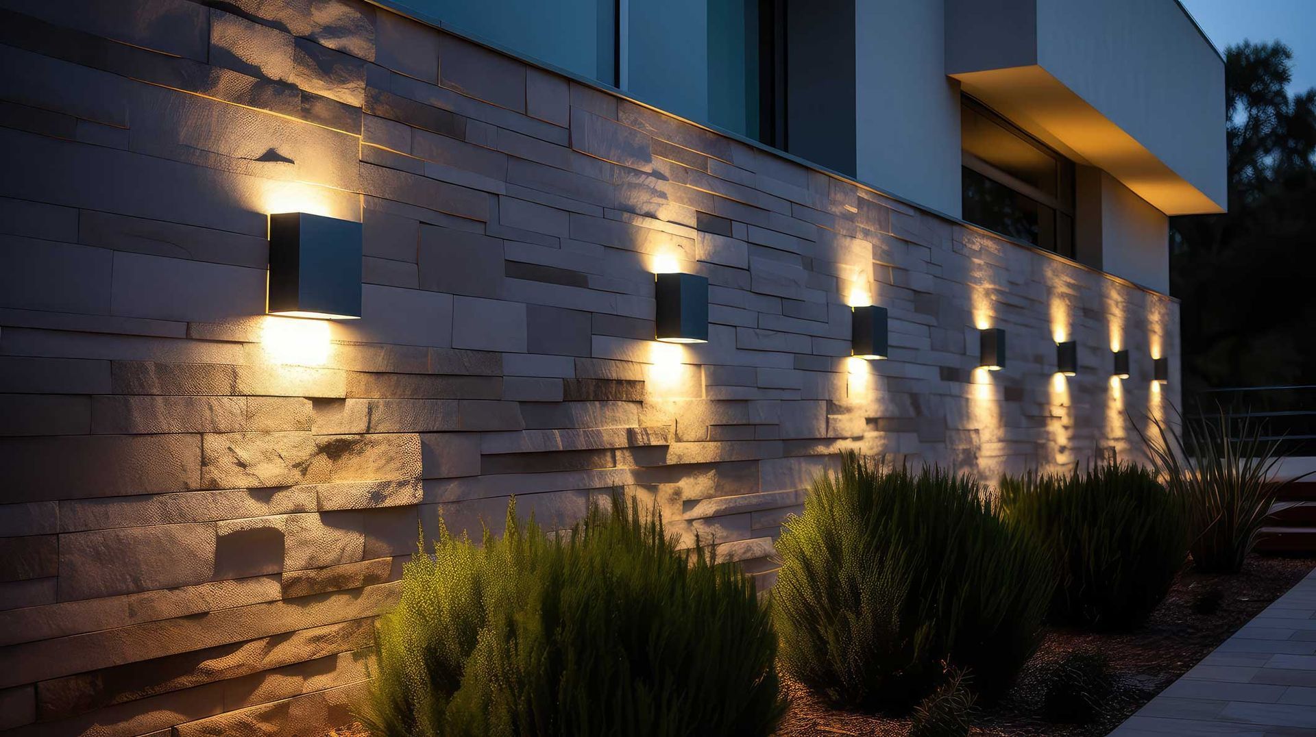 Modern building stone wall with warm exterior lights at dusk, beside a landscaped walkway Modern building stone wall with warm exterior lights at dusk, beside a landscaped walkway