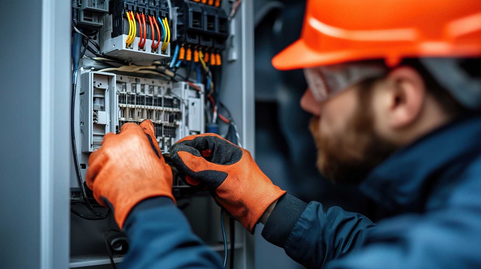 Technician in orange hard hat and gloves inspecting electrical panel wiring indoors Technician in orange hard hat and gloves inspecting electrical panel wiring indoors