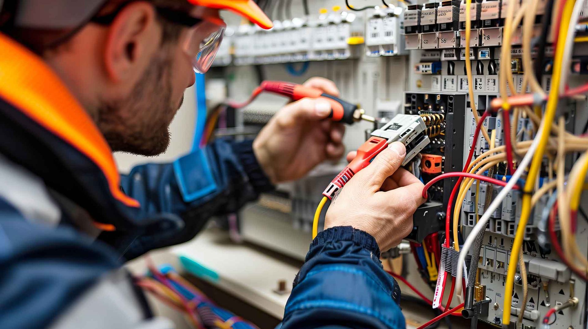 Technician using a multimeter to inspect wiring in an electrical control panel Technician using a multimeter to inspect wiring in an electrical control panel