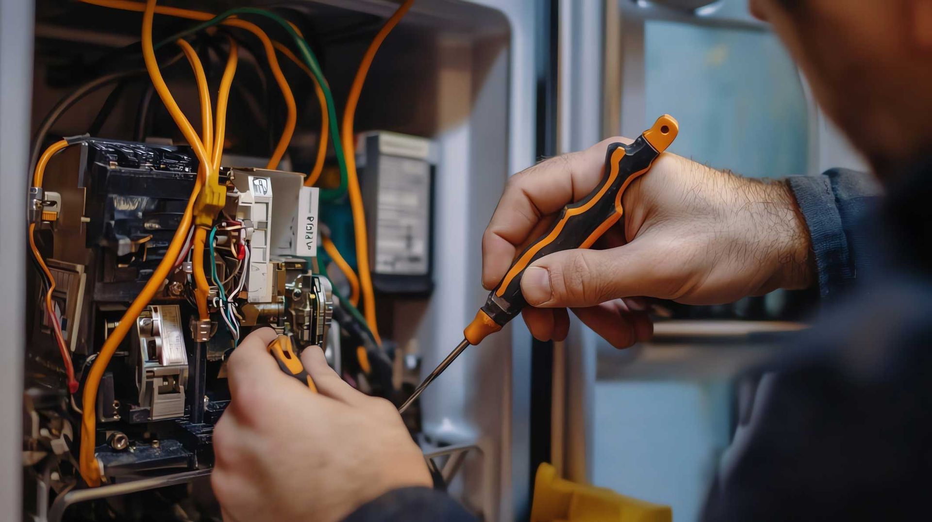 Hands using a screwdriver to repair exposed electronic circuitry inside a device cabinet. Hands using a screwdriver to repair exposed electronic circuitry inside a device cabinet.